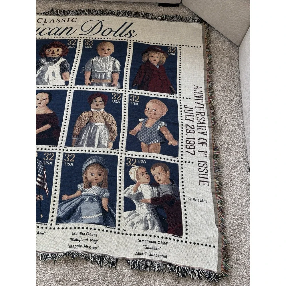 Vtg USPS 1990s Classic American Dolls Tapestry Blanket Collectible Fringe 68x51